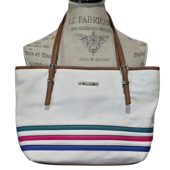 Nine West White Striped Tote Shoulder Bag Purse - Picture 1 of 11